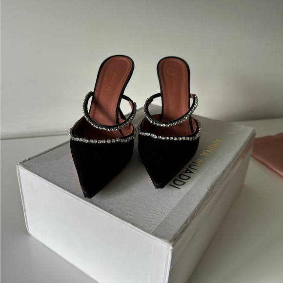 Amina Muaddi Black Satin Gilda Heels Pumps with Crystal Accents - Picture 2 of 13